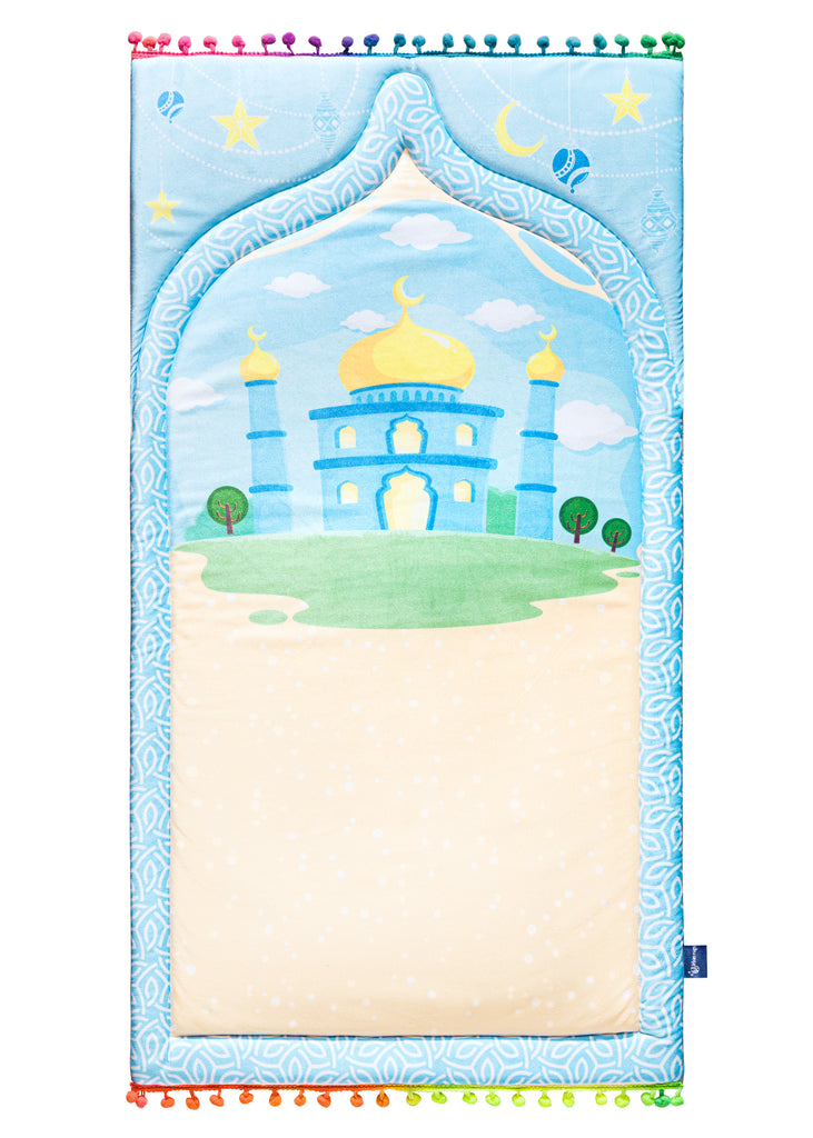 A kids' prayer mat in blue with an engraved design of a mosque | Urban Rugs KSA