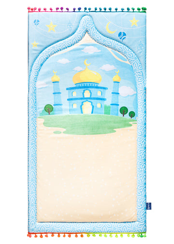 A kids' prayer mat in blue with an engraved design of a mosque | Urban Rugs KSA