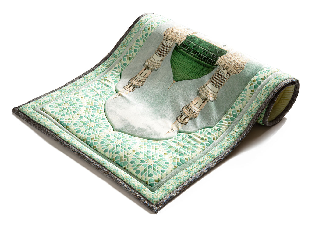 Light green Nabawi Mosque Turkish Velvet Prayer Mat | Urban rugs KSA